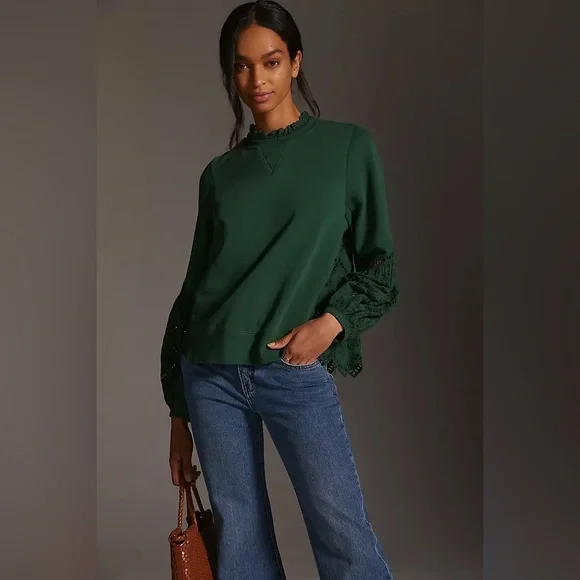 Anthropologie Forever That Girl Sweatshirt Womens Small Green Eyelet Boho - Picture 8 of 8